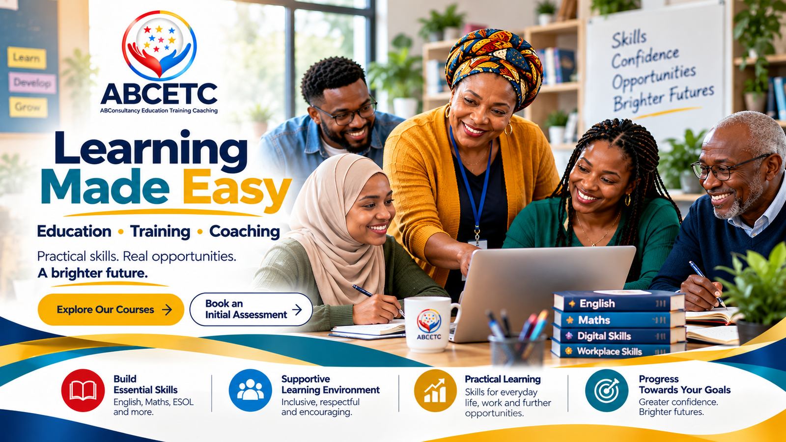 Diverse adult learners and tutor learning together at ABCETC, supporting essential skills, confidence and progression through education, training and coaching.