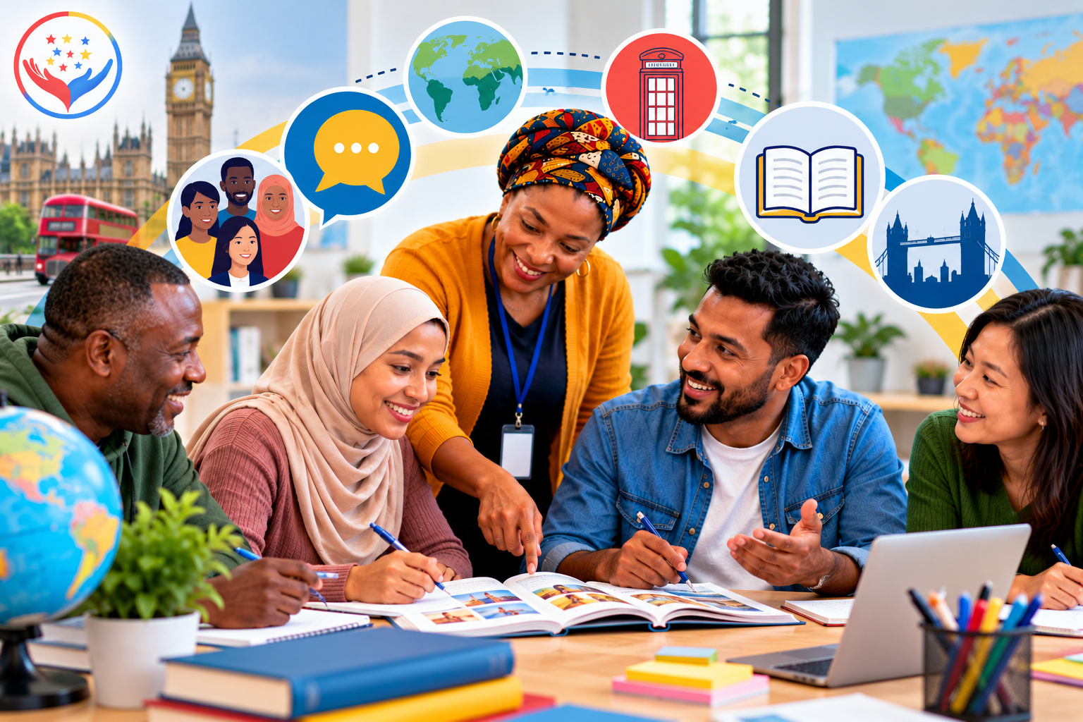 Diverse adult ESOL learners developing English speaking, listening, reading and writing skills with supportive tutor guidance in an inclusive classroom.