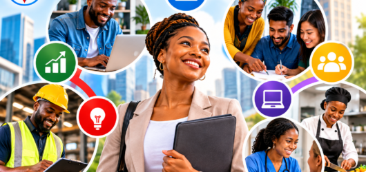 Adult learner preparing for new career opportunities through employability skills, digital learning, teamwork and practical workplace training