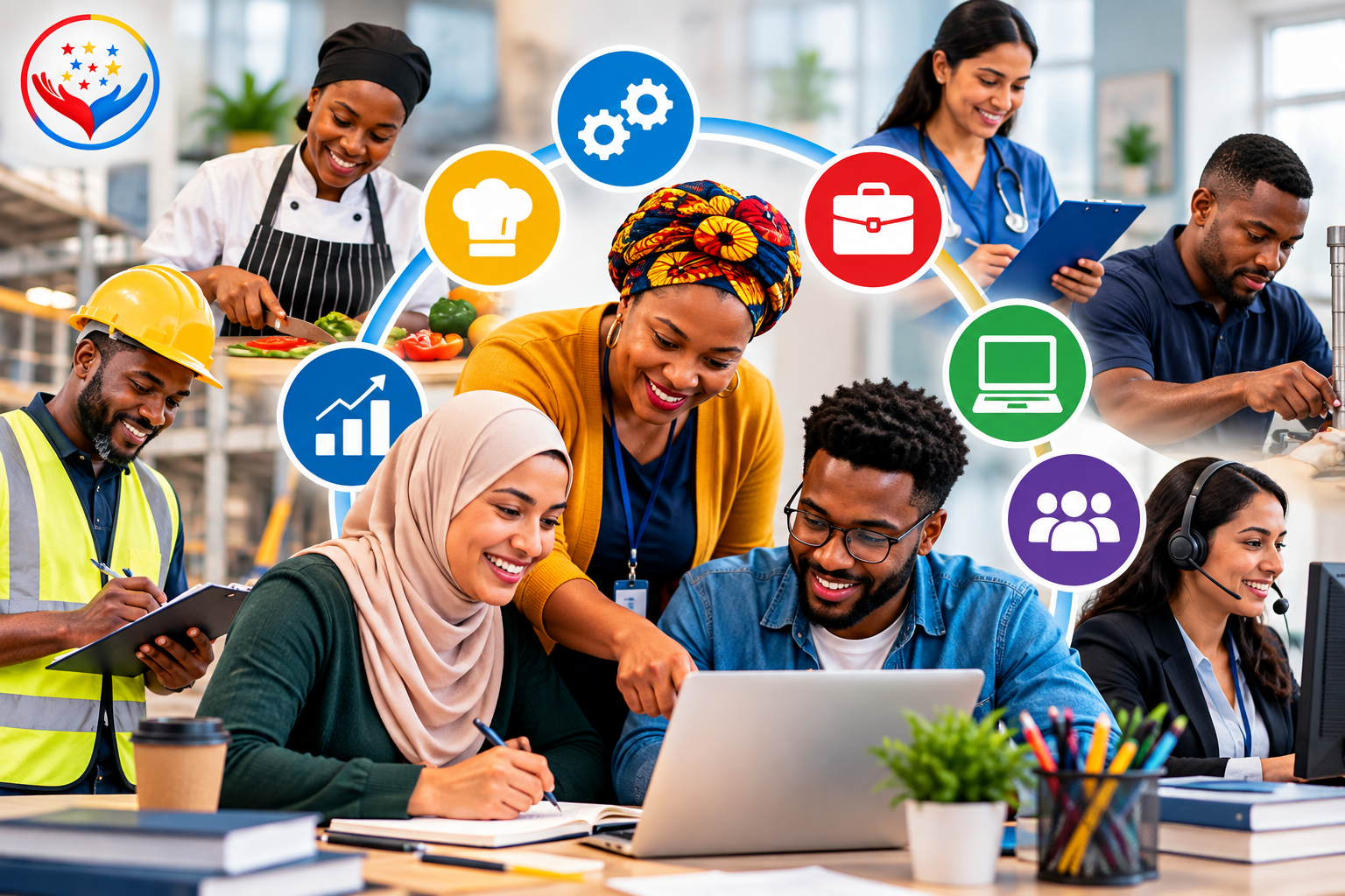 Diverse adults developing employability skills through digital learning, teamwork, communication and practical workplace training across different careers.