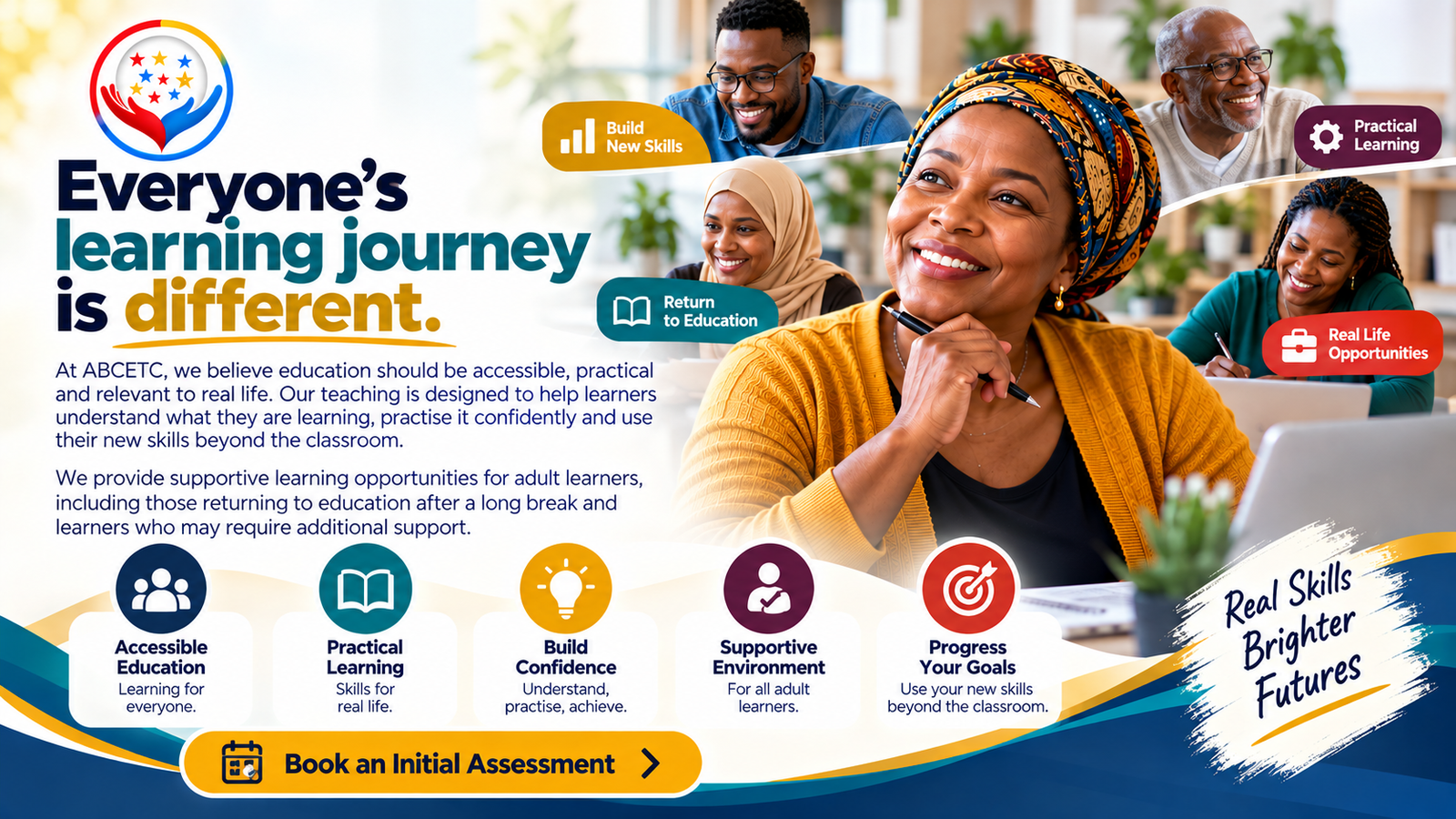 Diverse adult learners at ABCETC developing practical skills and confidence through accessible, supportive education for real life and future opportunities.
