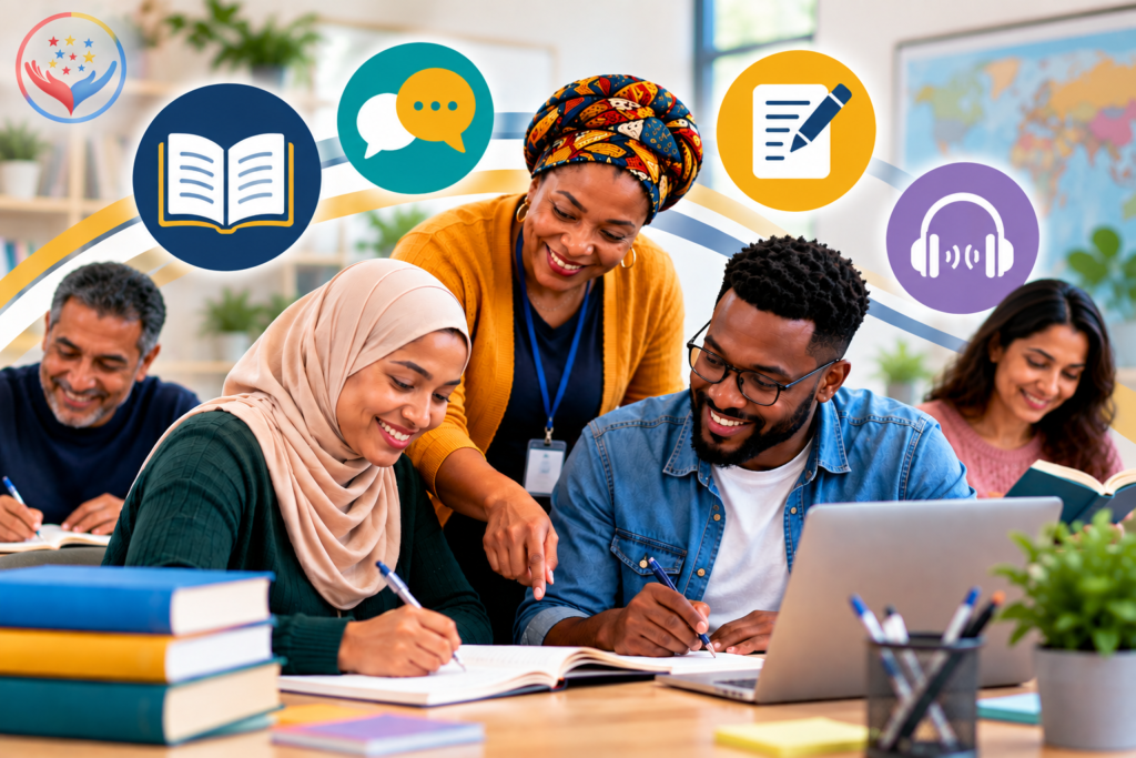 Diverse adult learners developing Functional Skills English through reading, writing, speaking and listening with supportive classroom guidance.