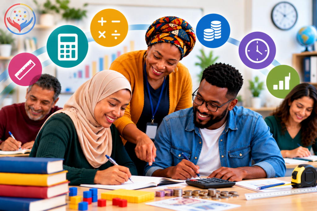 Diverse adult learners developing Functional Skills Maths through practical activities involving calculations, money, time, measurement and data with supportive tutor guidance.