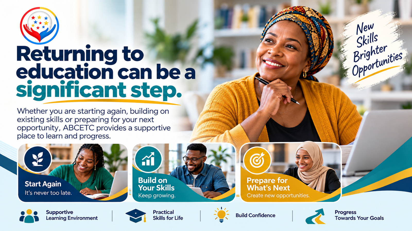 ABCETC adult education support showing diverse adult learners starting again, building existing skills and preparing for new opportunities through supportive learning.