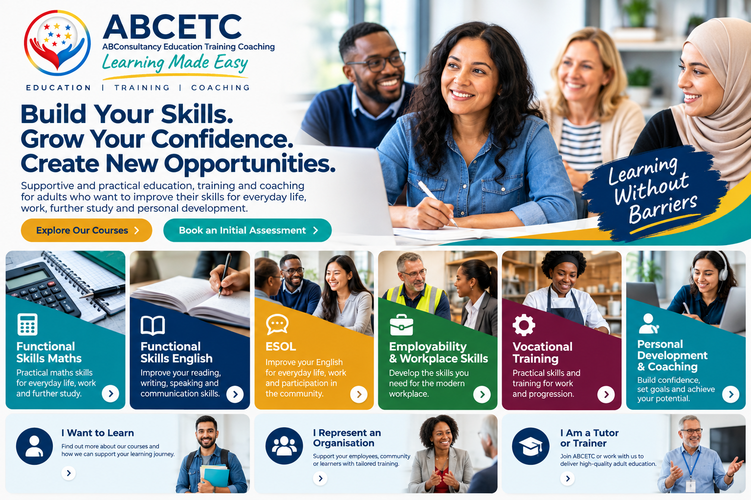 ABCETC adult education and training website featuring diverse adult learners and courses in Functional Skills Maths and English, ESOL, employability, vocational training and coaching.