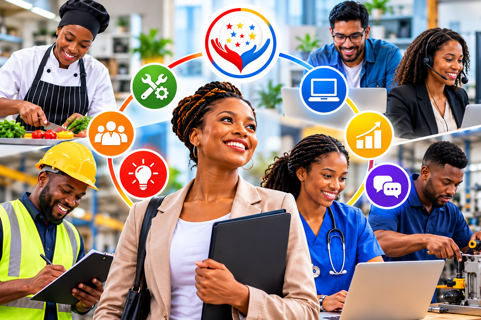 Diverse professionals developing workplace skills through practical training, digital technology, communication, teamwork and vocational learning across different industries